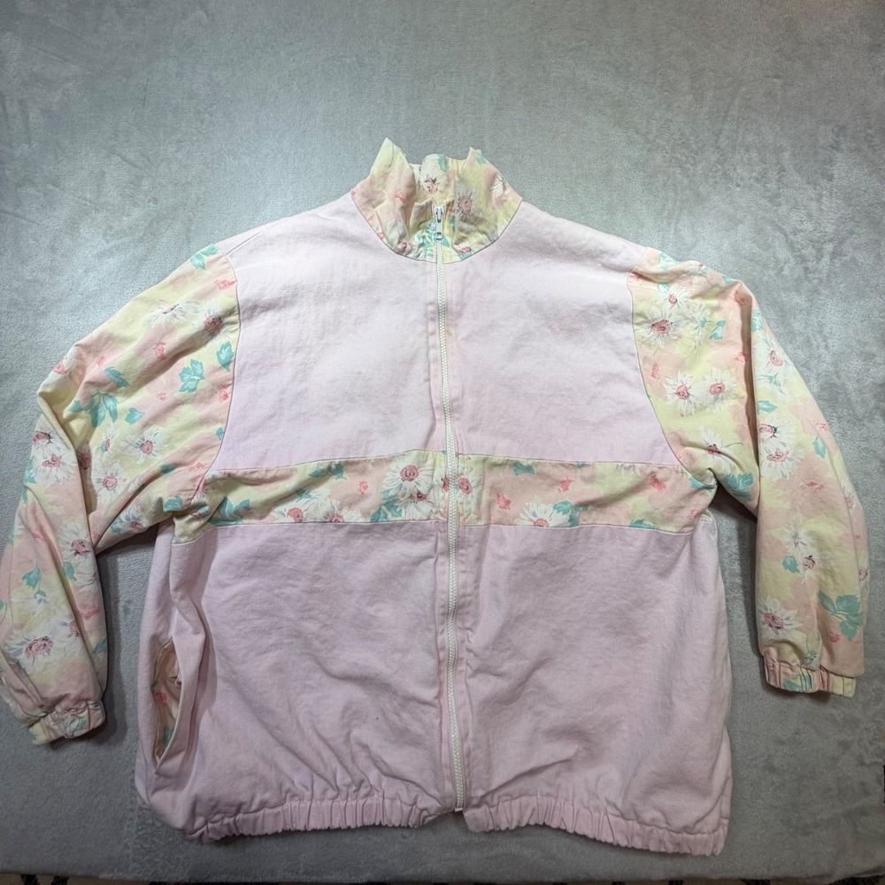 Vintage Pastel Floral Colorblock Bomber Jacket Pink 90s‎ Retro Windbreaker L/XL